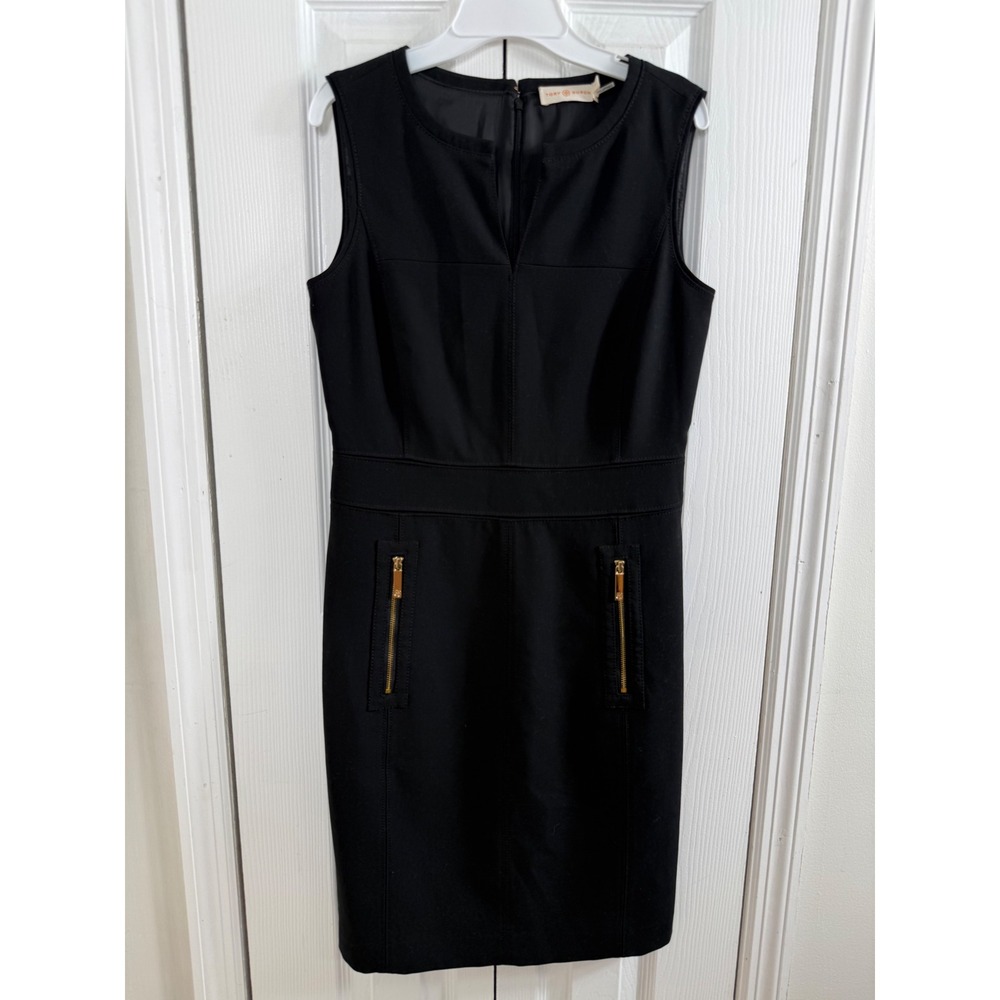 Tory Burch Sheath Dress Size 2 Black Gold Zip Minimalist Corporate Chic LBD
